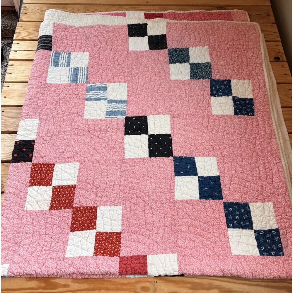 Vintage Handmade Patchwork Quilt Size 76x42 Pink M3 - Picture 3 of 8
